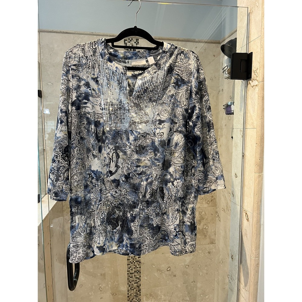 Chico's Innate Ikat Kate Top Blue White Sequin Sheer Peplum Blouse Size 2 Large